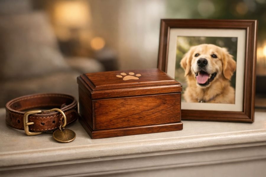 Pet memorial display with a framed golden retriever photo, wooden urn, and leather collar on a shelf