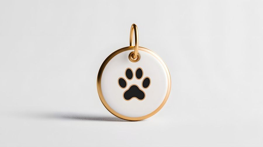 Gold pendant with a white circular charm featuring a black paw print.
