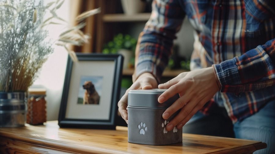 Hands placing a gray pet food container with paw print on a wooden table beside a framed photo