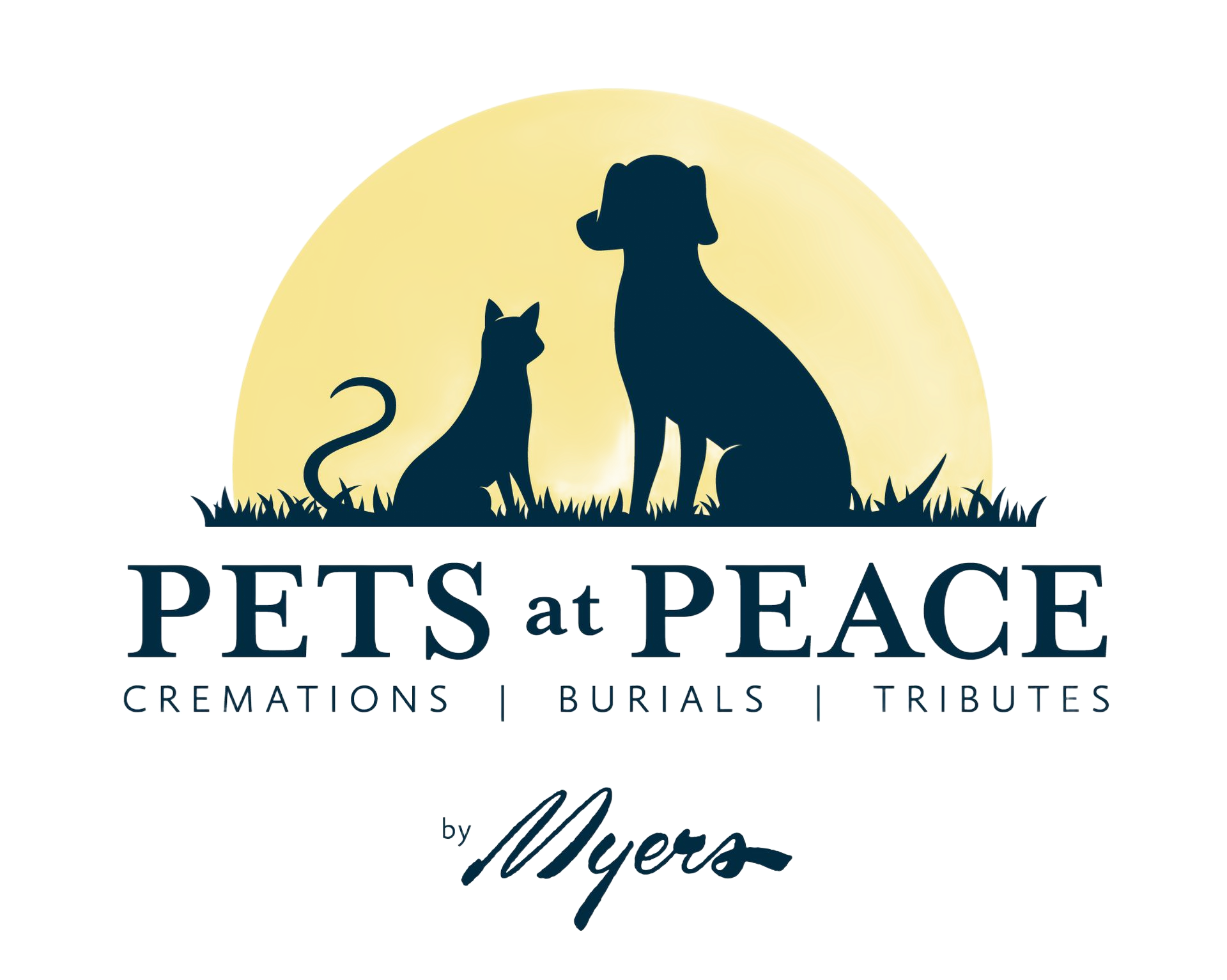 Pets at Peace logo with dog and cat silhouettes in front of a yellow sun, plus “by Myers” text