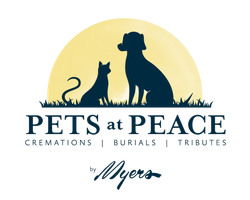 Pets at Peace logo with silhouetted cat and dog in a yellow circle, cremations, burials, tributes
