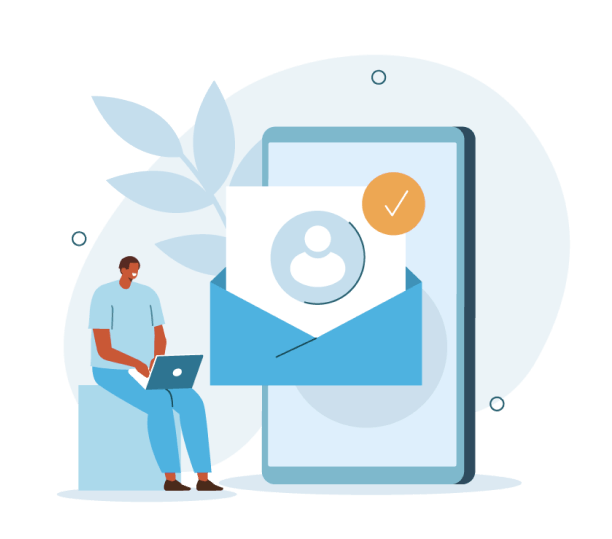 Person using a laptop beside a smartphone with an email envelope and checkmark icon