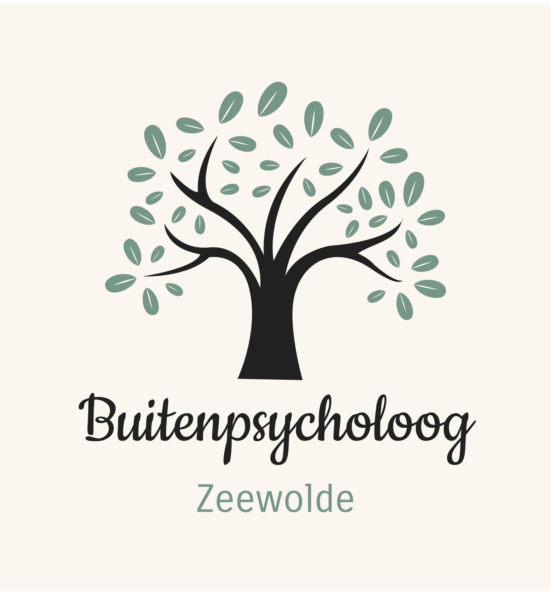 Logo van Buitenpsycholoog Zeewolde met een zwarte boom en lichtgroene bladeren, op een beige achtergrond.