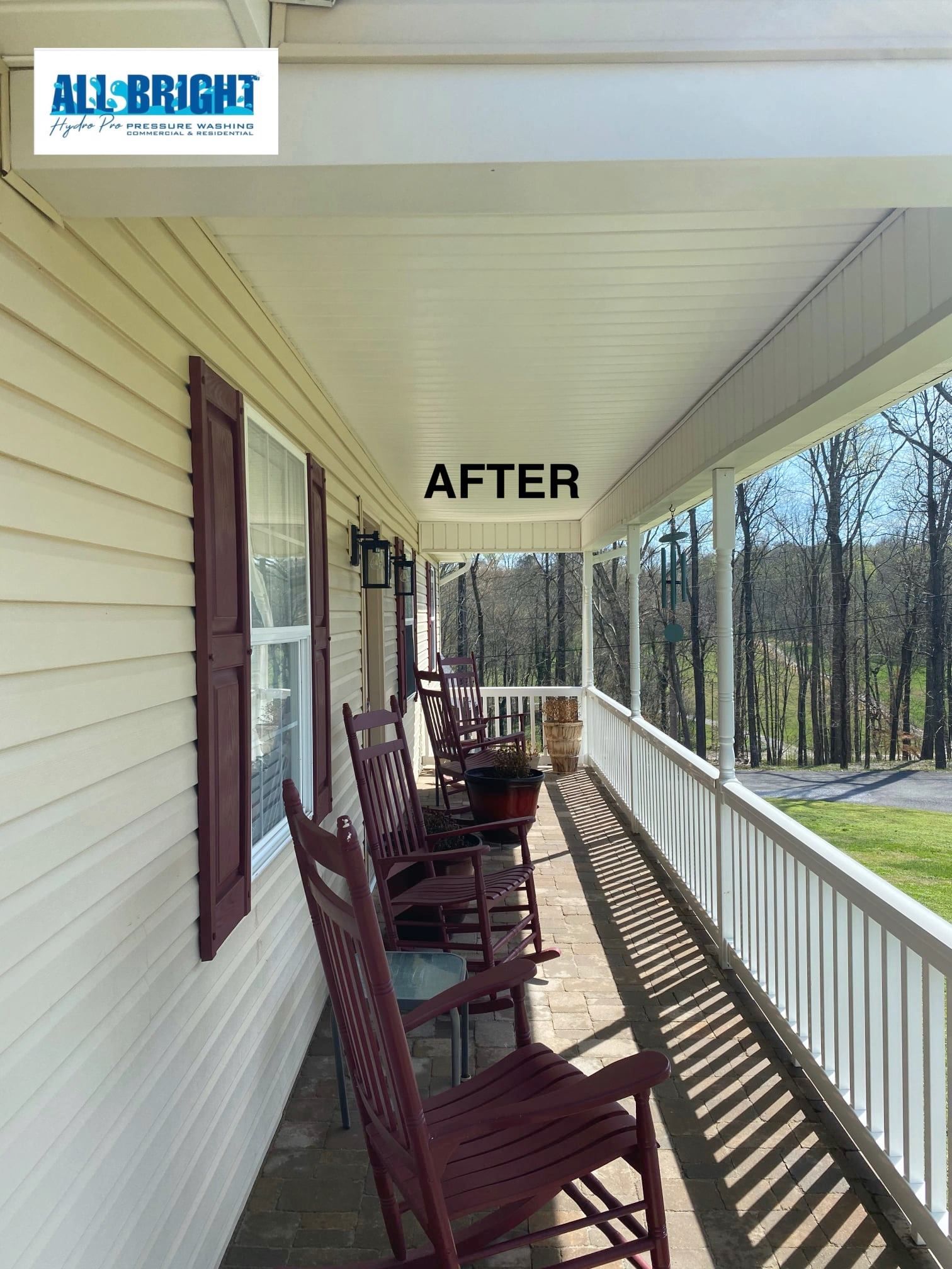 A porch with rocking chairs and a sign that says after