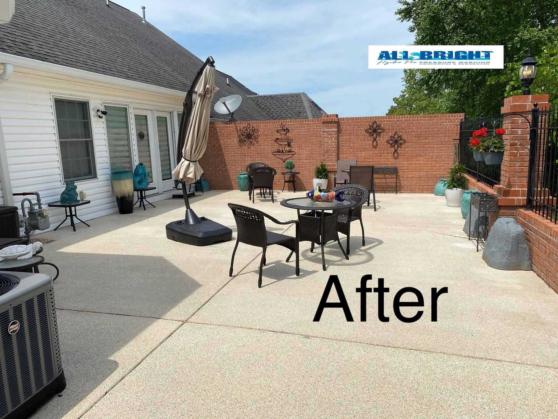 A picture of a patio with tables and chairs after being cleaned.