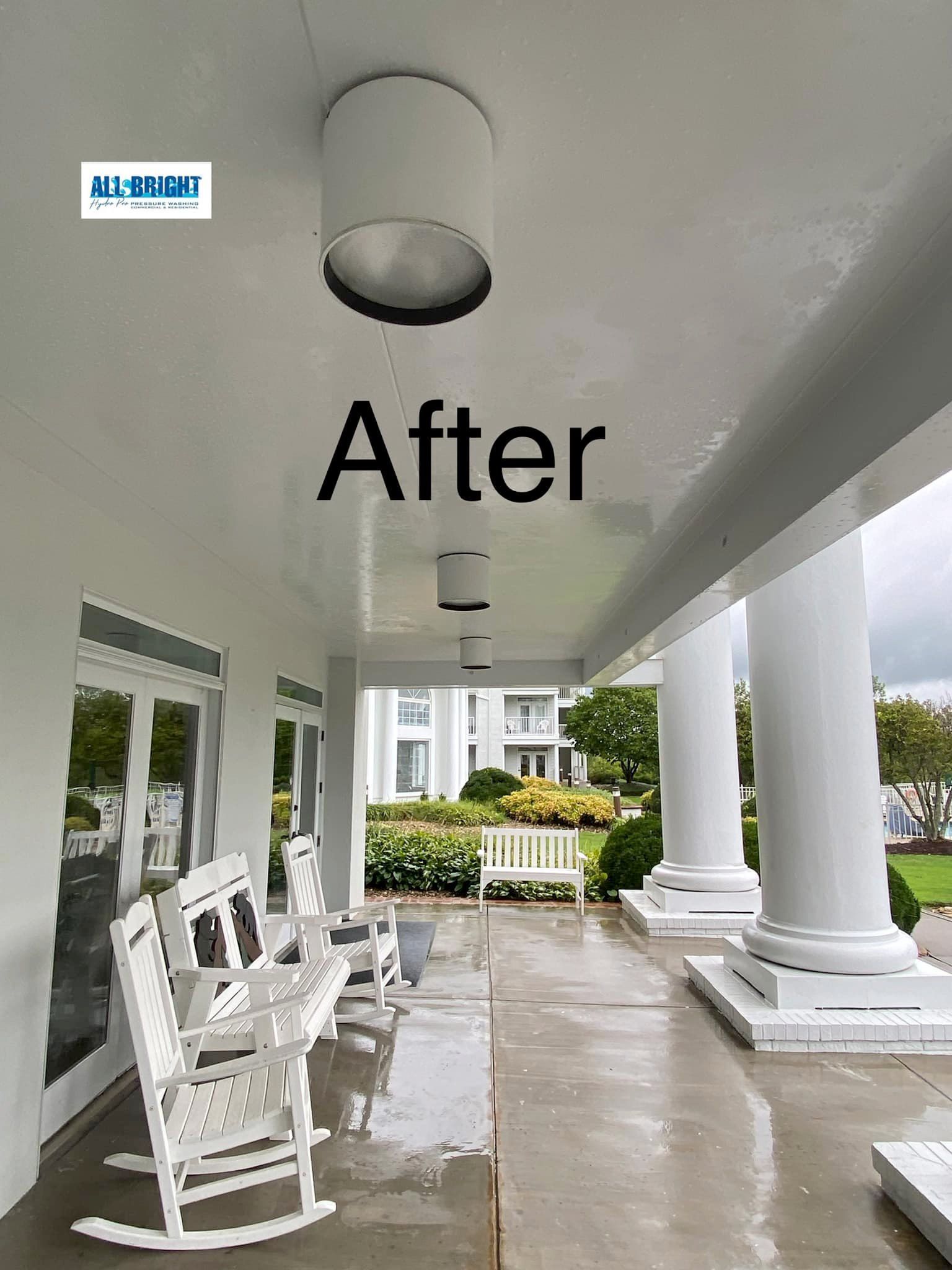 A picture of a porch with rocking chairs and a bench.