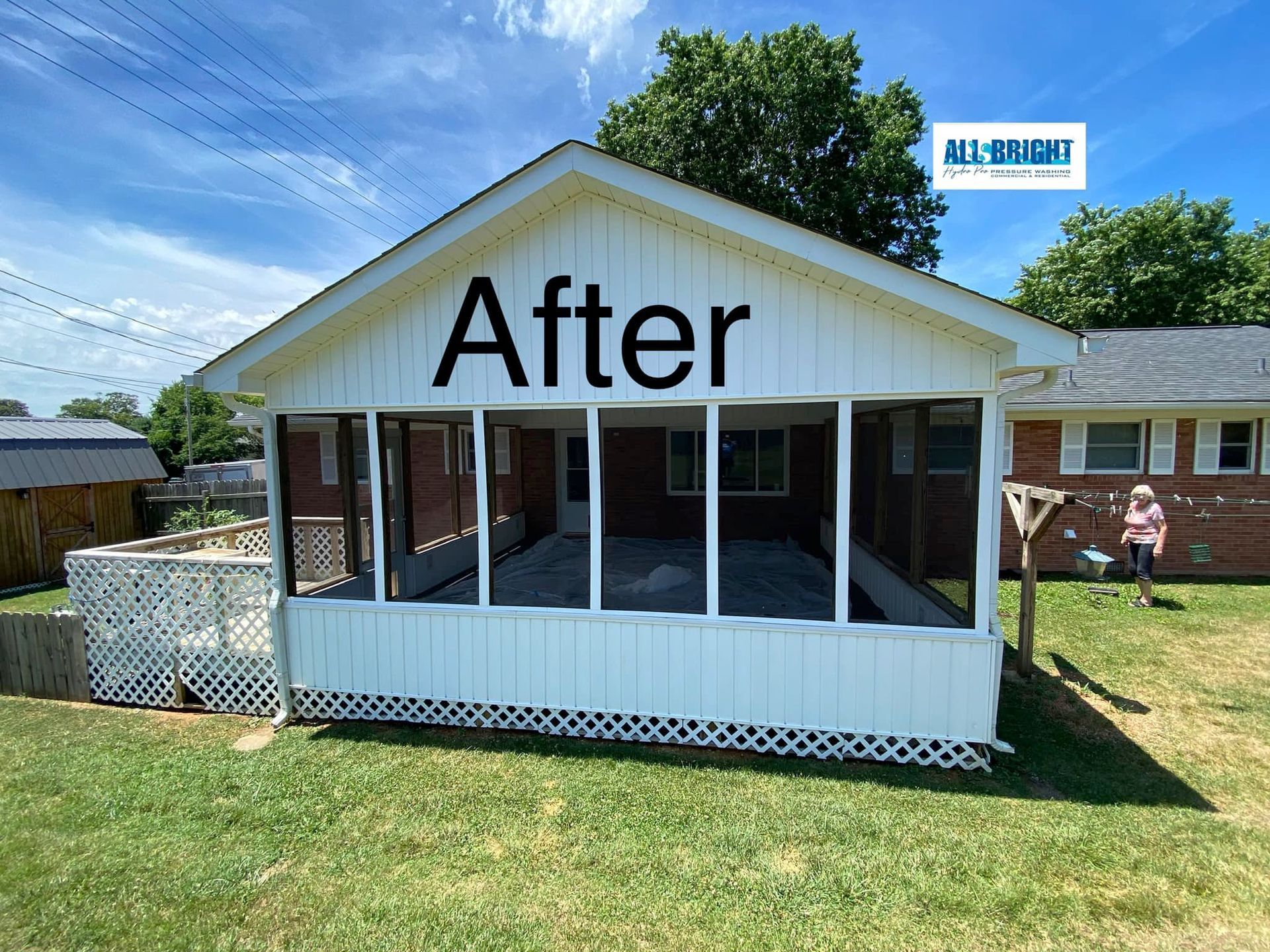 A screened in porch with the words `` after '' painted on it