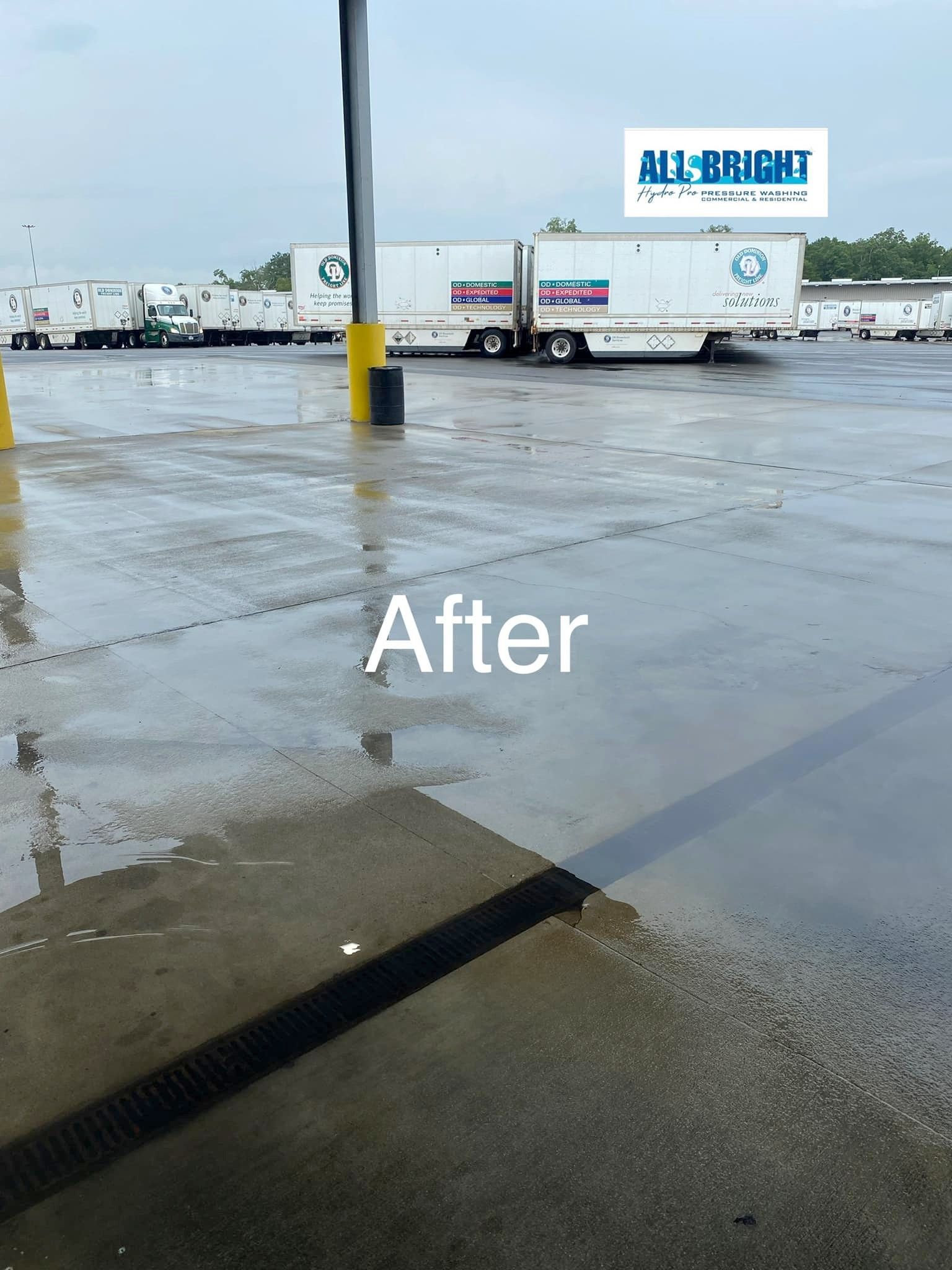 A parking lot with trucks and a sign that says after
