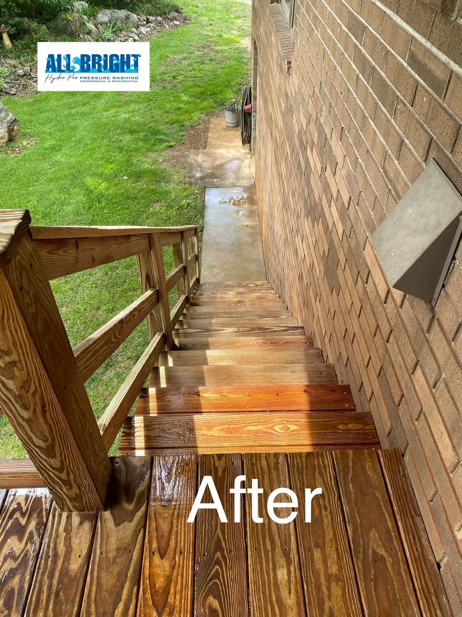 A picture of a wooden deck after being pressure washed.