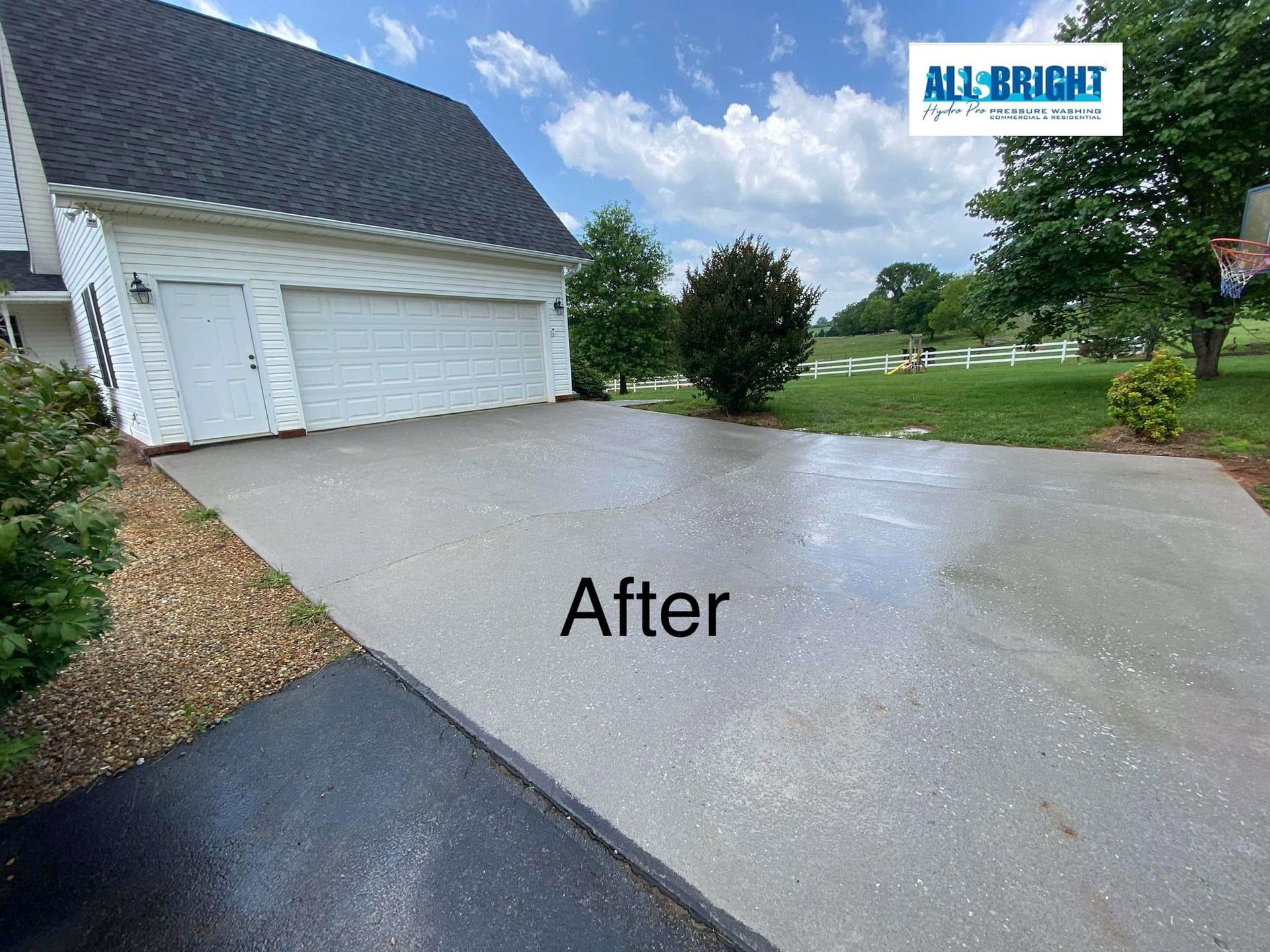 A picture of a driveway before and after being cleaned.