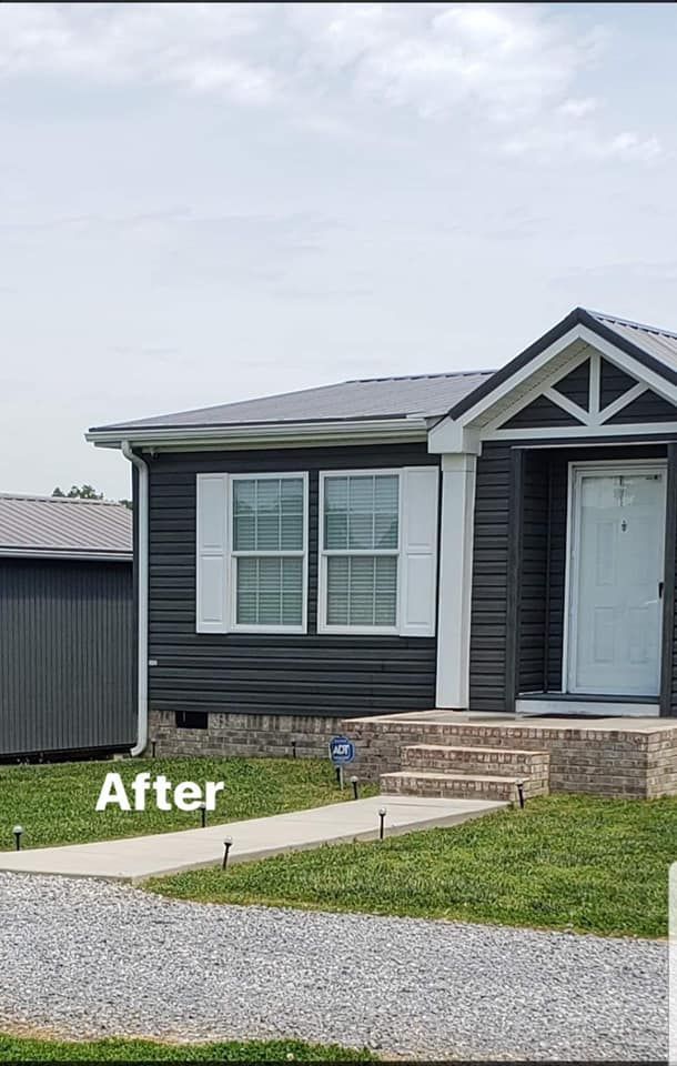 A picture of a house before and after being painted black