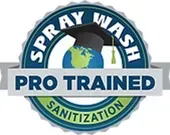 A logo for spray wash pro trained sanitization.
