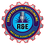 Logo for Scrap R&E Metal Recycling Inc., featuring a gear shape with text and a metal cutting image.