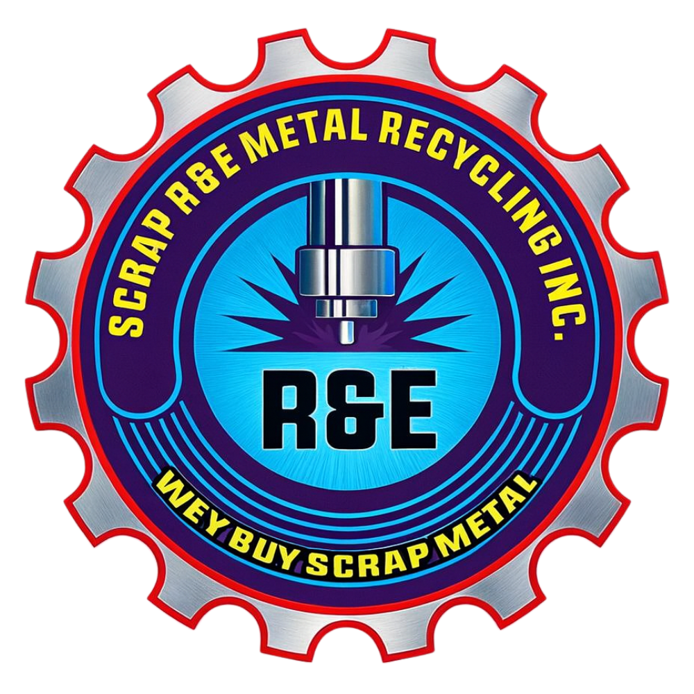 Logo for Scrap R&E Metal Recycling Inc., featuring a gear shape with text and a metal cutting image.