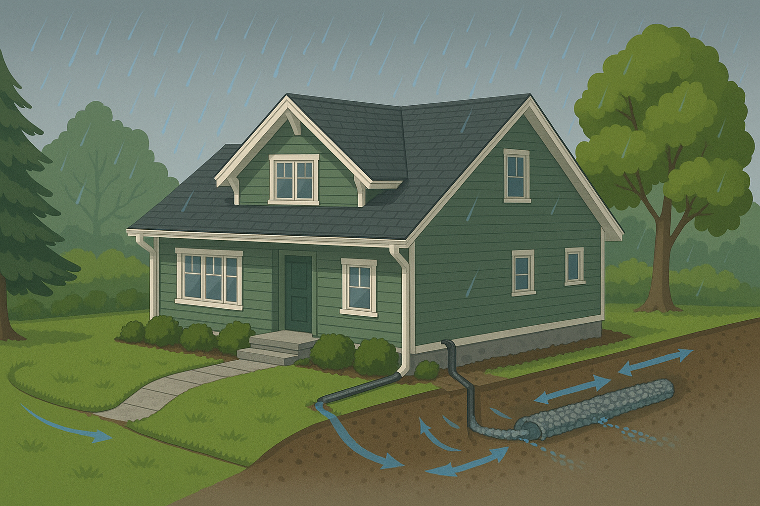 Green house with a gutter drain system on a grassy hillside. Arrows show water flow away from the foundation into a french drain.