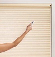 A woman is using a remote control to control a window blind.