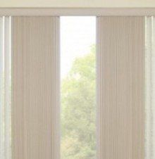 a window with vertical G-98 Ultra VUE blinds and white curtains .