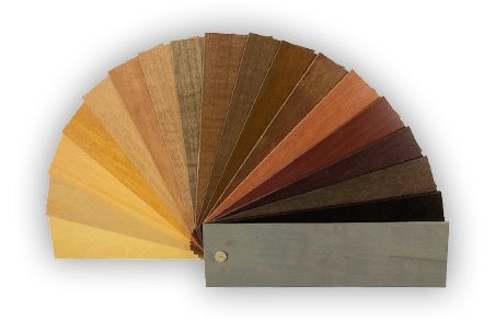 a fan made of wooden samples of different shades of wood blinds