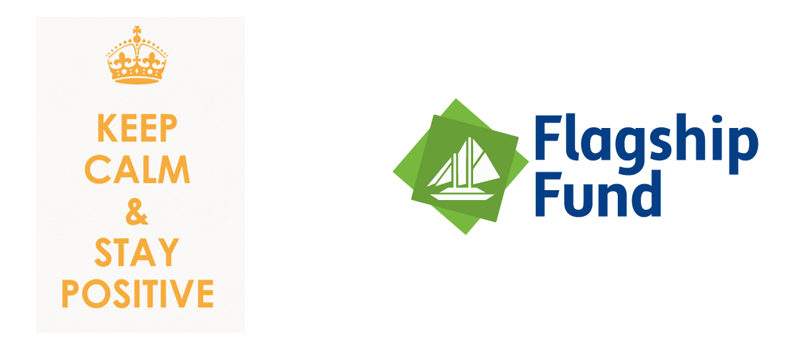 Logo voor Flagship Fund: een zeilboot in een groene geometrische vorm met blauwe tekst.