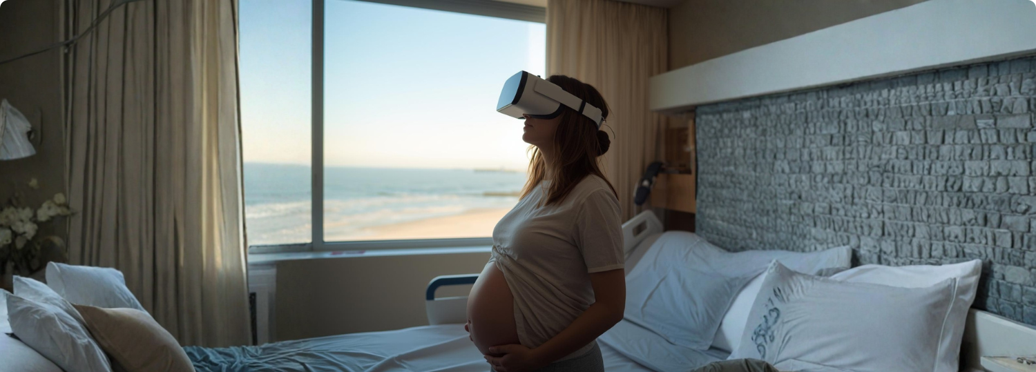 Pregnant woman wearing VR headset in a hospital room.