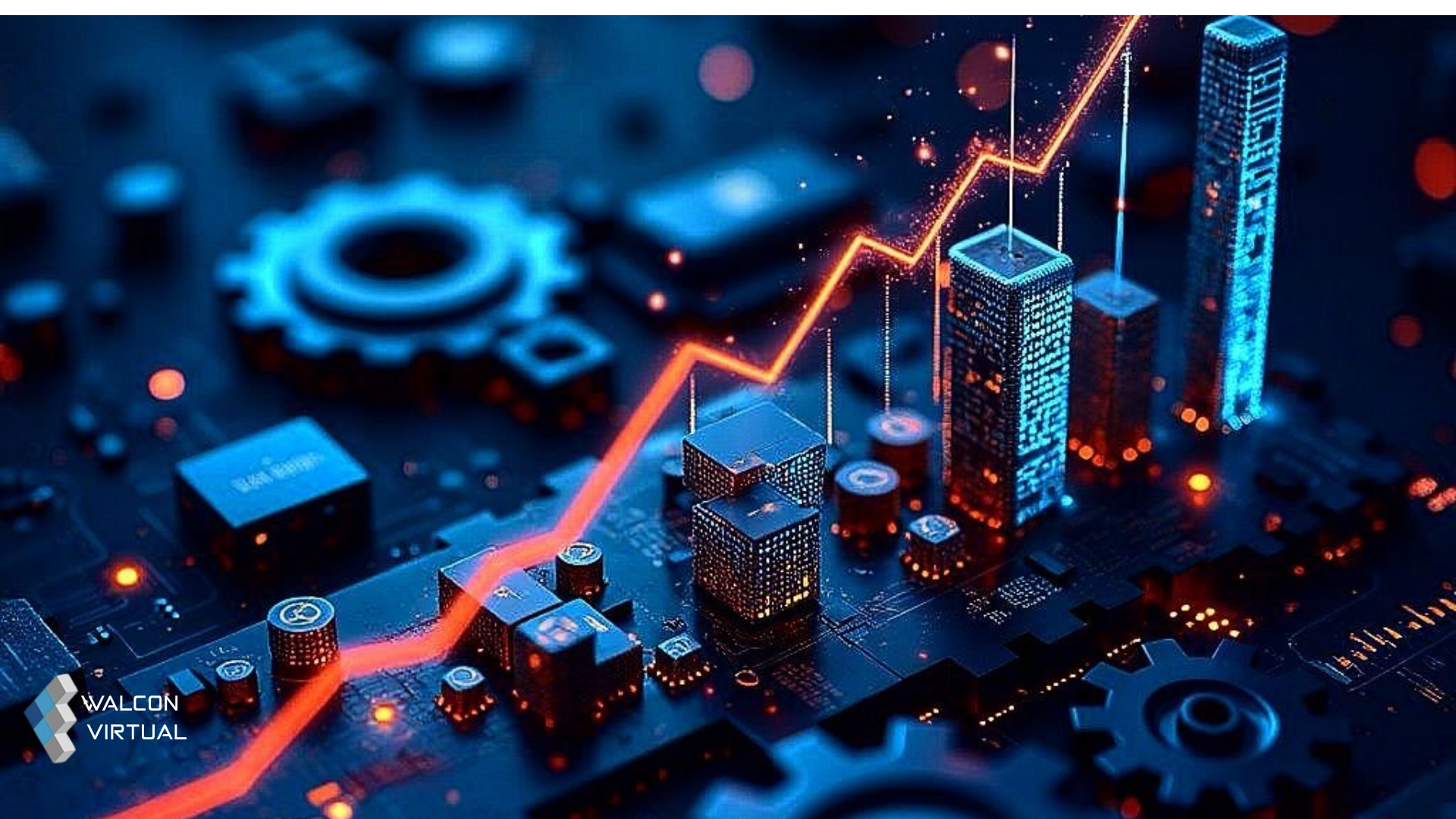 Abstract cityscape with glowing skyscrapers and a rising orange line, depicting growth and technology.