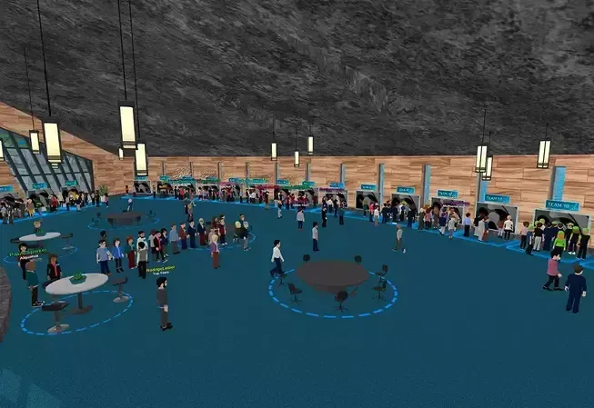 A crowded virtual convention with avatars, booths, tables, and blue floors. Inside a cavernous space.