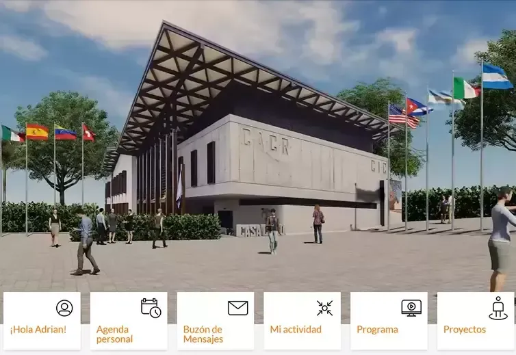 Building with international flags, people walking, and website navigation icons.