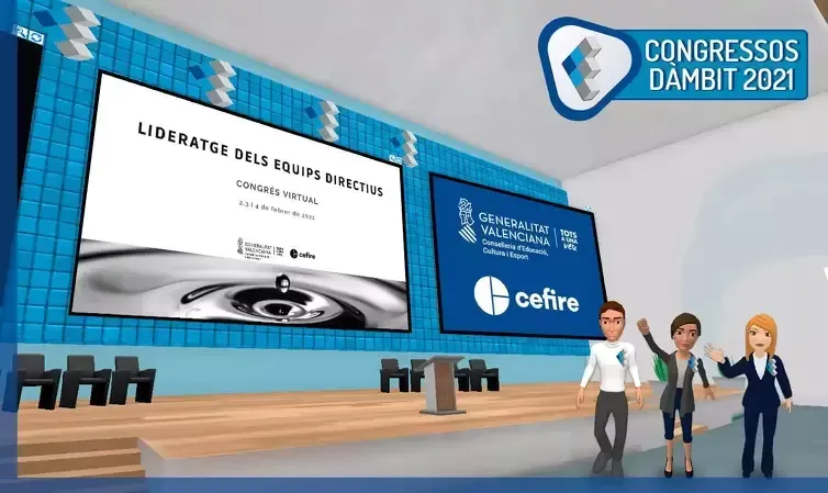 Virtual conference stage with a presentation title and three avatars.