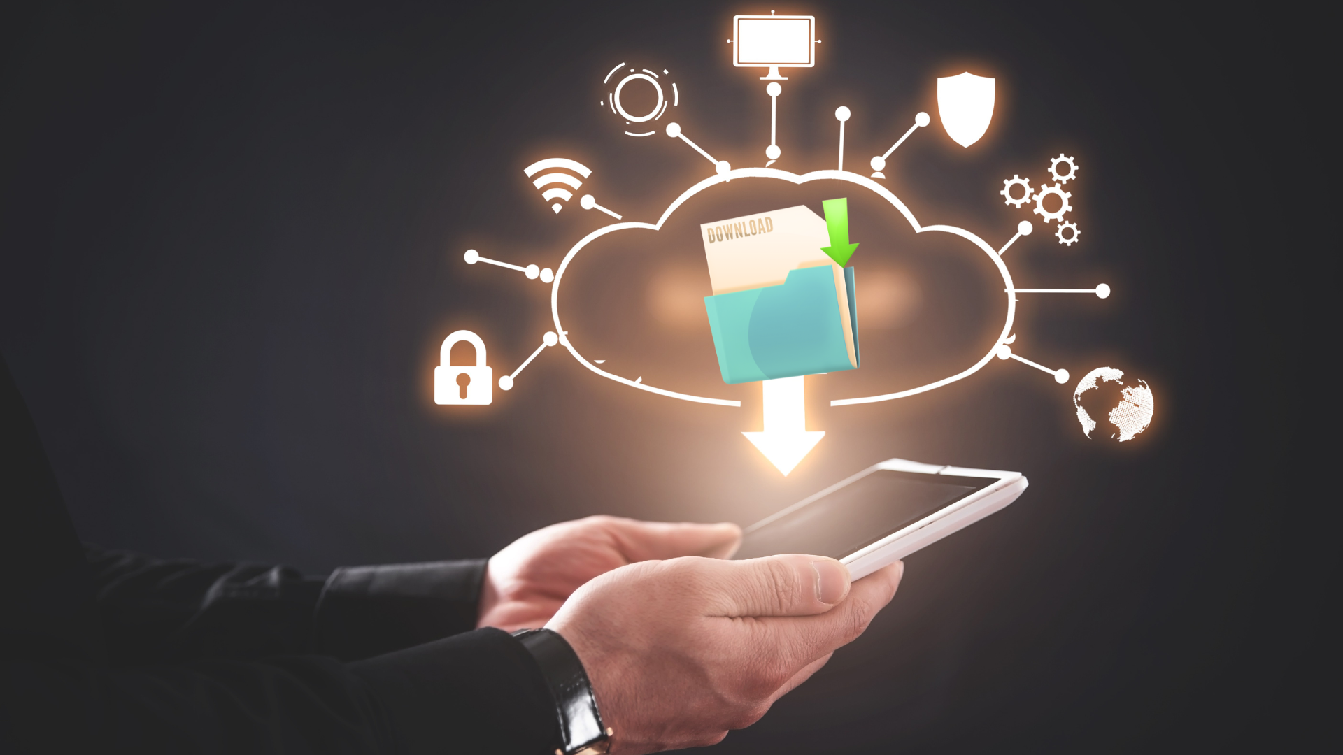 Hands holding a tablet, downloading files from a cloud with digital icons.