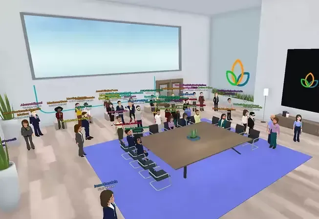 Virtual conference room with avatars. People in suits listen to a presentation. Large screen shows a company logo.