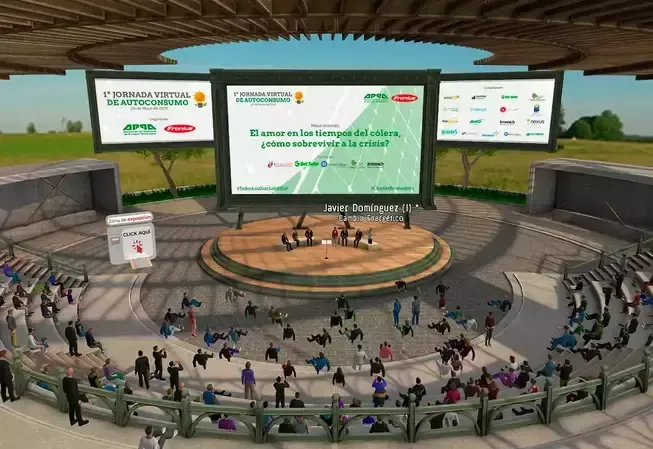 Virtual conference: stage with speakers, audience, screens with logos, outdoor setting.