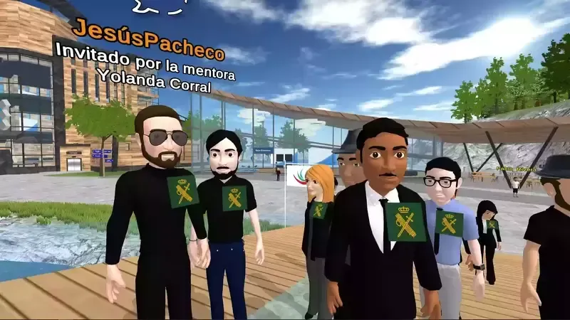 Avatars in black shirts with yellow ribbons, at an outdoor building.