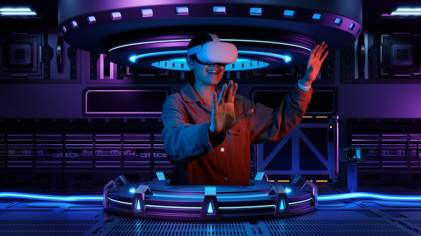 A man is wearing a virtual reality headset in a futuristic room.