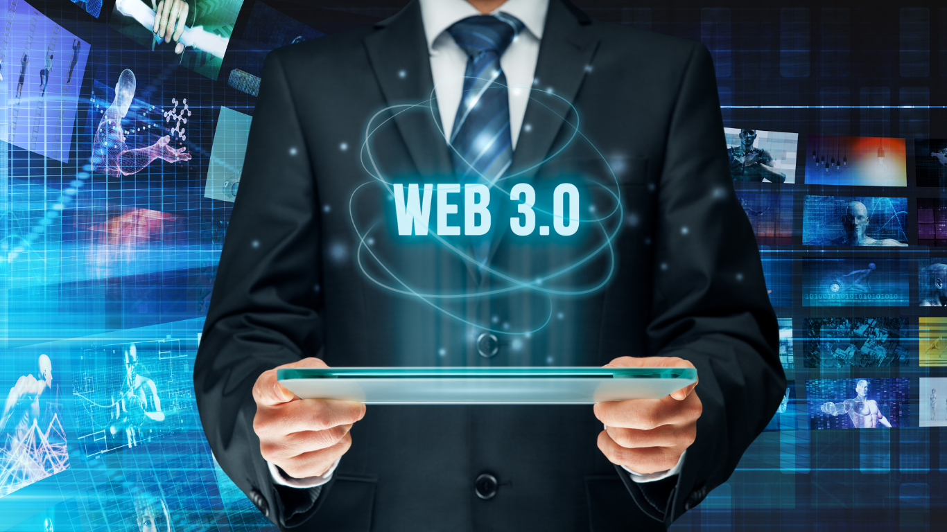 A man in a suit and tie is holding a tablet with the words web 3.0 coming out of it.