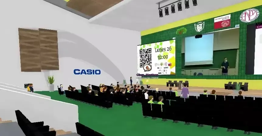 Virtual conference scene: Attendees in an auditorium, speaker on stage, QR code on screen, Casio logo visible.