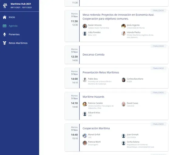 Screenshot of a conference agenda with presentations, speakers, and times listed.
