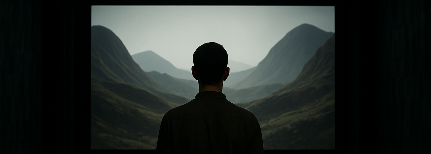 Person looking at a mountain range from a dark room.