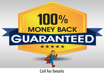 Gold emblem: 100% Money Back Guaranteed. Blue ribbon, superhero running, stars.