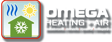 The logo for omega heating and air shows a house , sun , and snowflake.