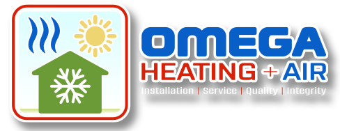 The logo for omega heating and air shows a house , sun , and snowflake.