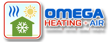 The logo for omega heating and air shows a house , sun , and snowflake.