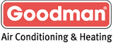 The logo for goodman air conditioning and heating is red and white.