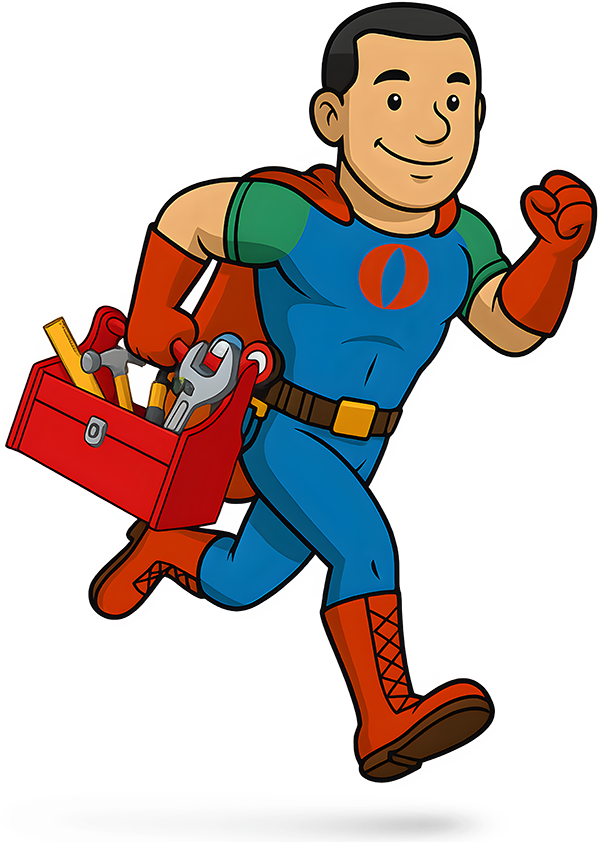 Superhero handyman running with a toolbox; wearing blue, red, and green.