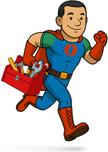 Superhero handyman running with a toolbox; wearing blue, red, and green.