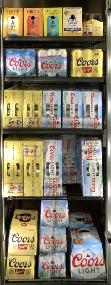 Selection of beers displayed in our cooler, ready to enjoy.