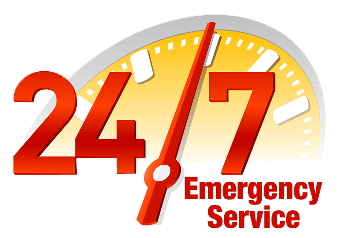 A 24/7 emergency service logo with a clock in the background