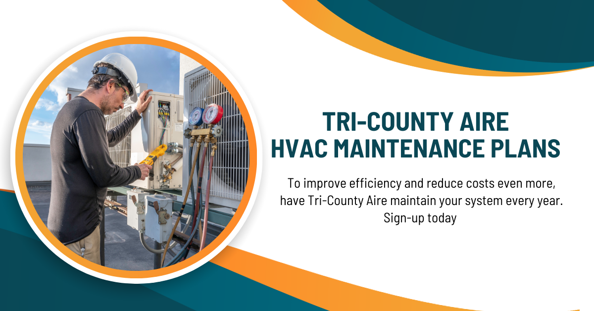 A man in a hard hat is working on an air conditioner in a graphic for HVAC maintenance planb,