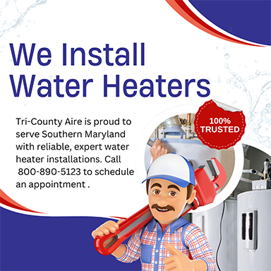 An announcement that Tri-County Aire expertly and reliably installs water heaters