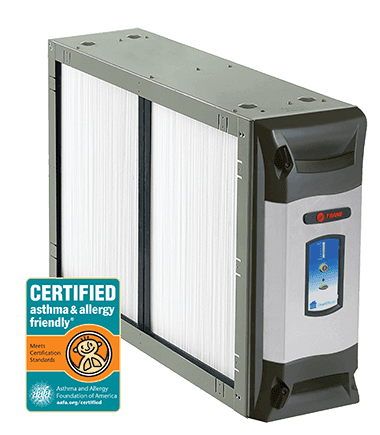 A certified asthma and allergy friendly air filter is shown on a white background.