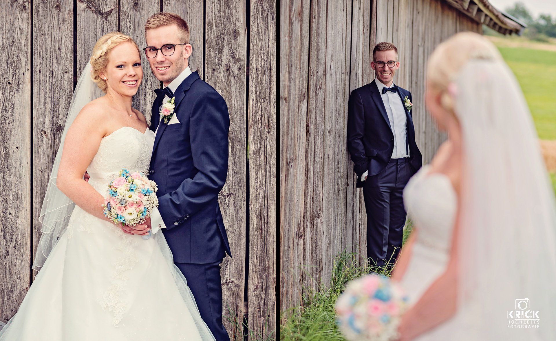 Braut und Bräutigam posieren vor einer Holzwand für ein Foto.